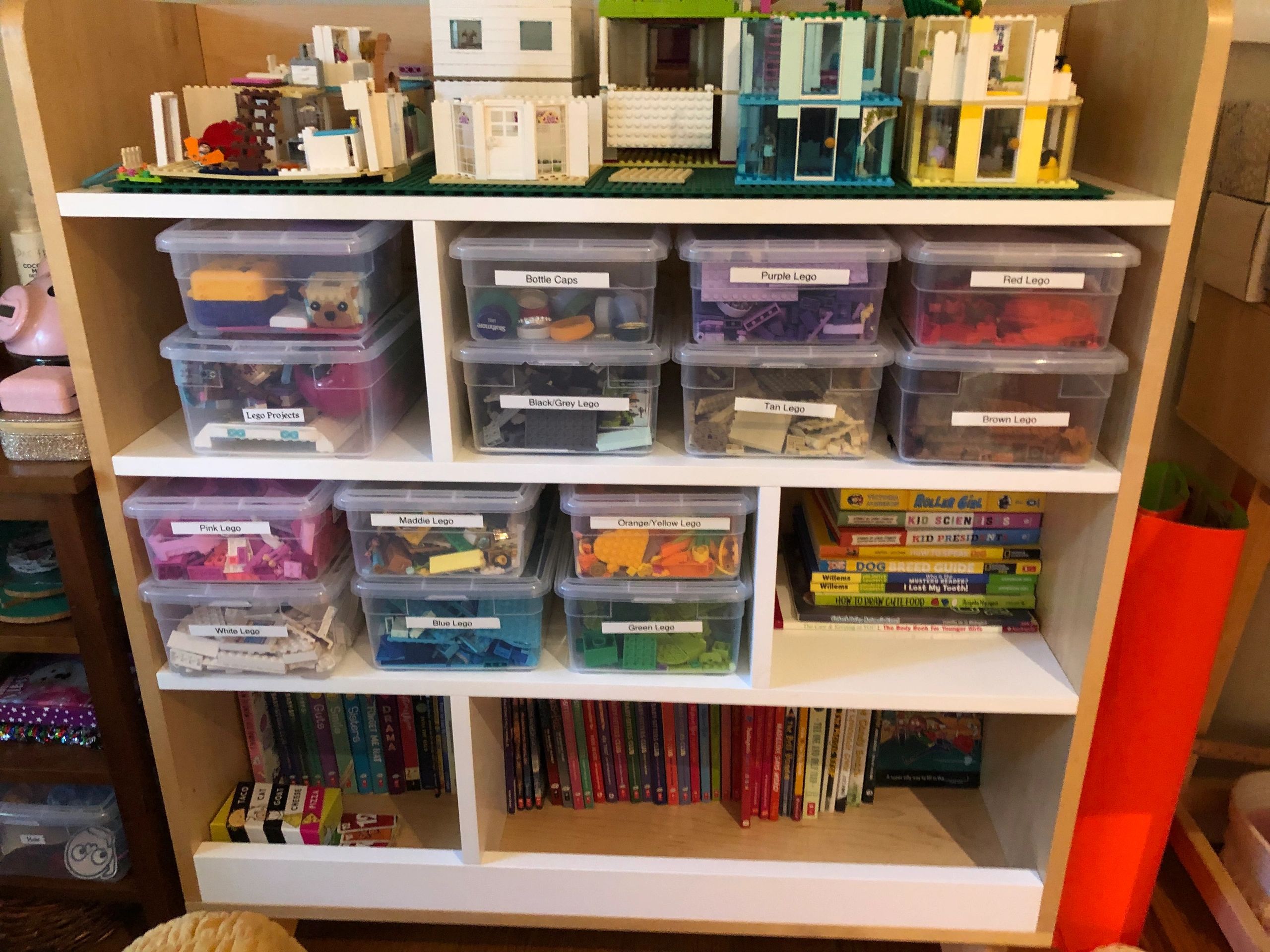 Organized children's LEGO storage shelves
